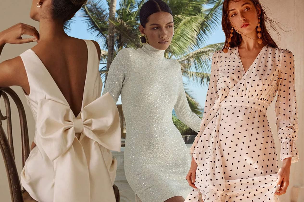 A collage of bridal outfits rented from Hirestreet