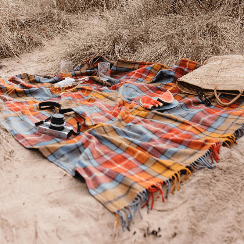 Water Resistant Recycled Wool Picnic Blanket With Taupe Leather Strap, Buchanan Antique Tartan
