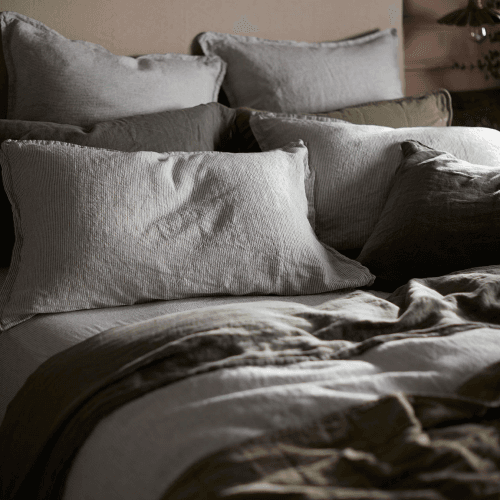 Image showing the Sid Stripe 100% Linen Fitted Sheet, Olive Green product.