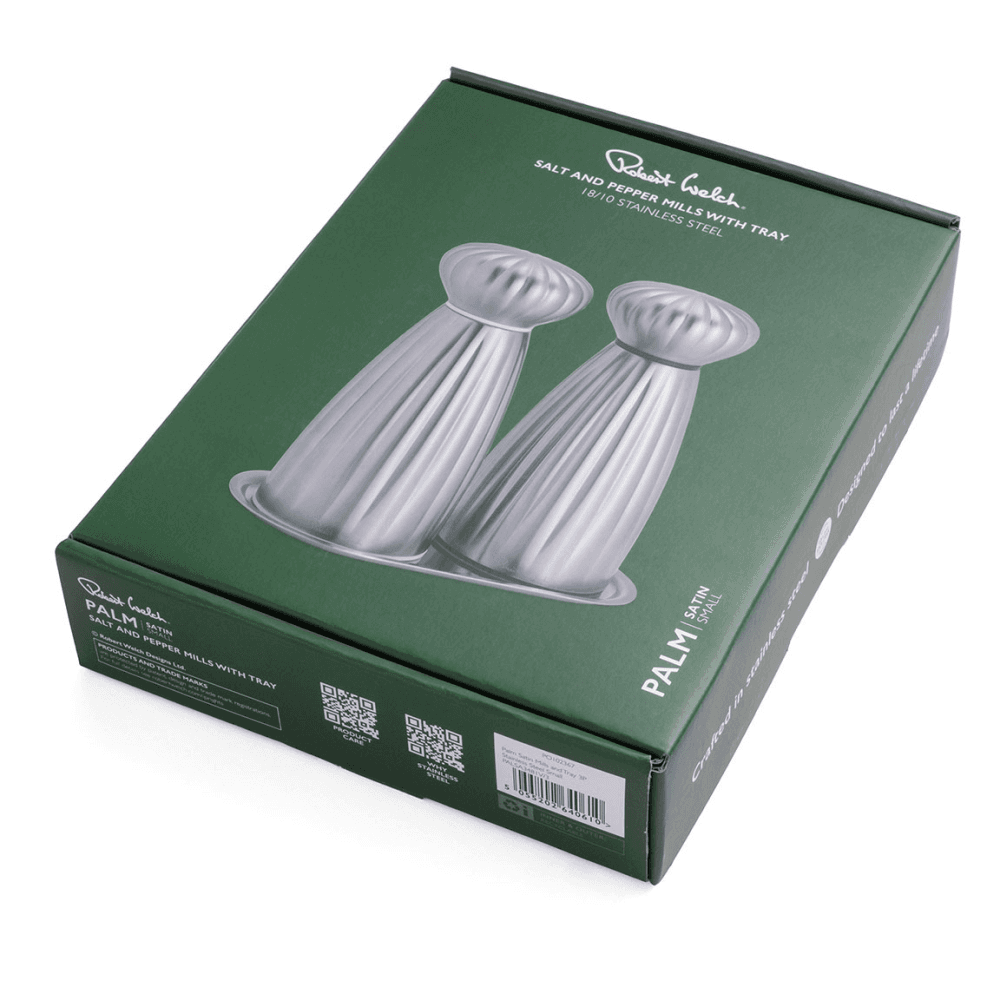 Palm Satin Salt & Pepper Mill & Tray Set, Stainless Steel