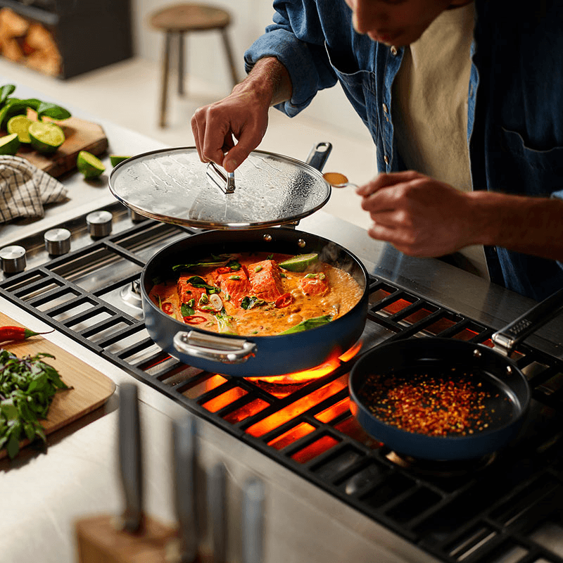 Space Folding Ceramic Non-Stick Saute Pan & Lid, Midnight Blue