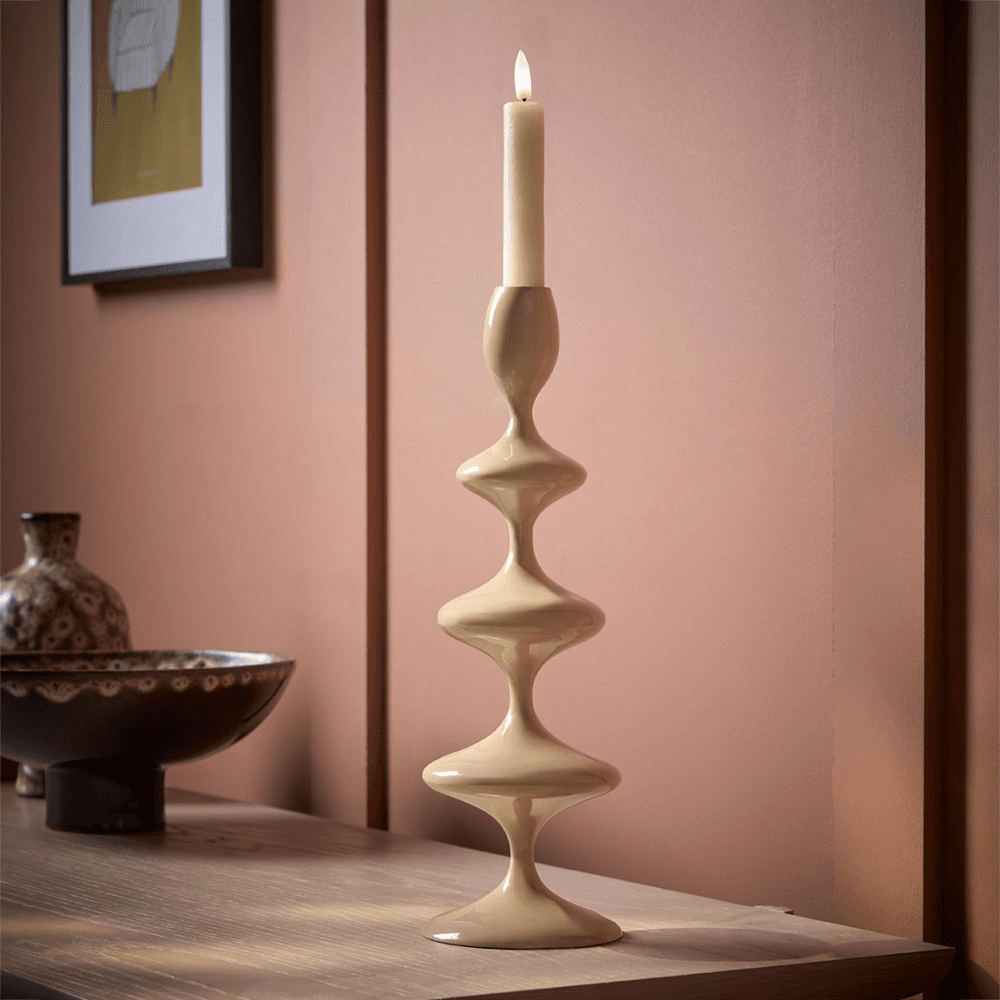 Taupe Enamel Candle Holder, Cream