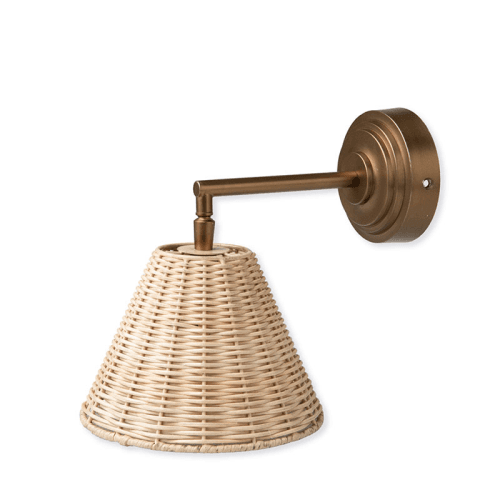 Image showing the Hatherley Wall Light With Rattan Shade, Antique Brass Finish product.
