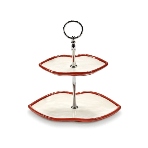 Image showing the Les Objets Mouleversants by Wouters&Hend Lips Two Tier Cake Stand, Red & White product.