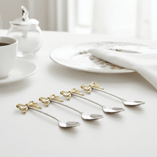 Image showing the Bow Set of 4 Coffee Spoons, Silver & Gold product.