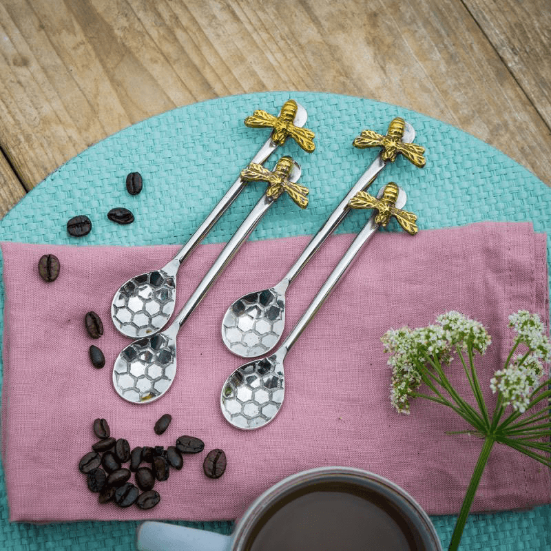 Bee Honeycomb Set of 4 Coffee Spoons, Silver