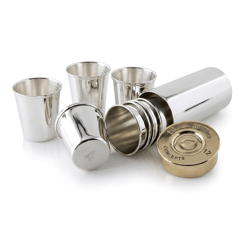 Cartridge Set of 8 Shot Glasses & Holder, Silver & Gold