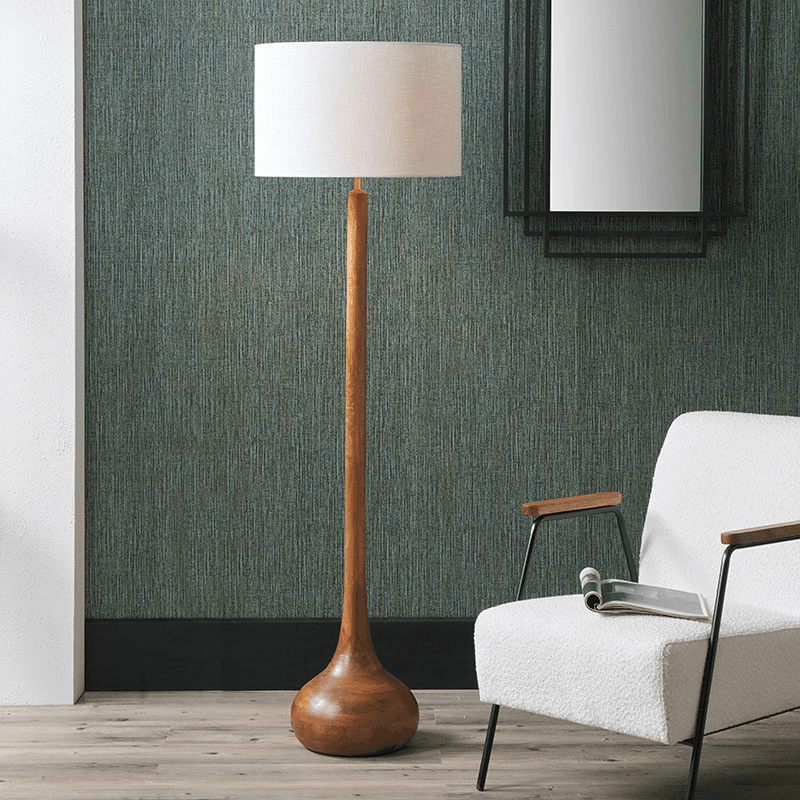 Toma Floor Lamp with Linen Drum Shade, Oiled Wood