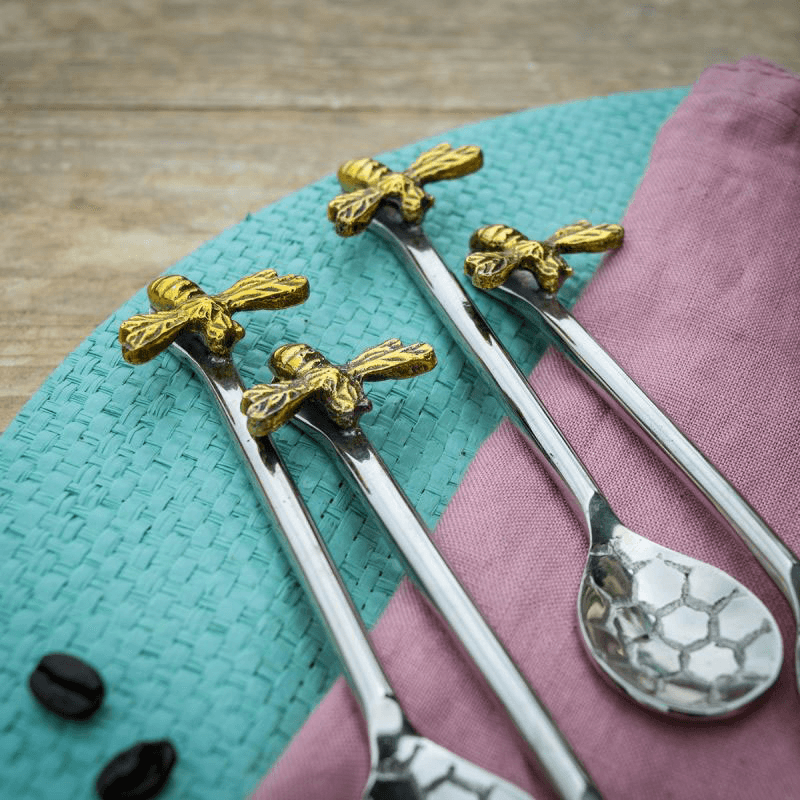 Bee Honeycomb Set of 4 Coffee Spoons, Silver