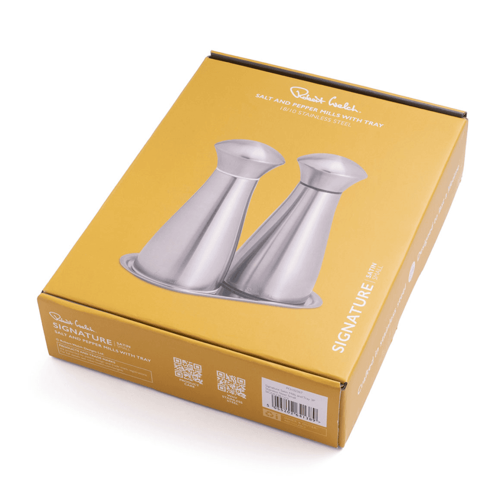 Signature Satin Salt & Pepper Mill & Tray Set, Stainless Steel
