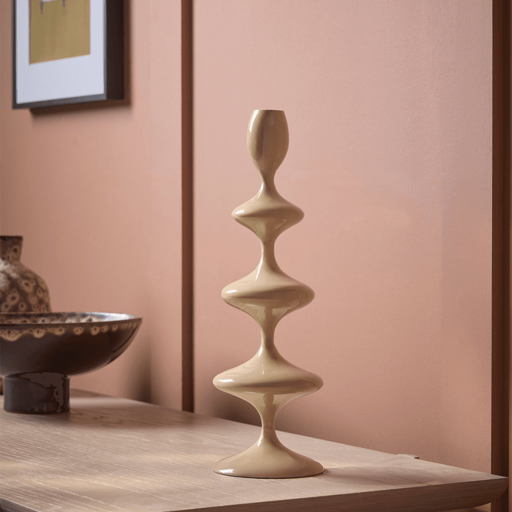 Taupe Enamel Candle Holder, Cream