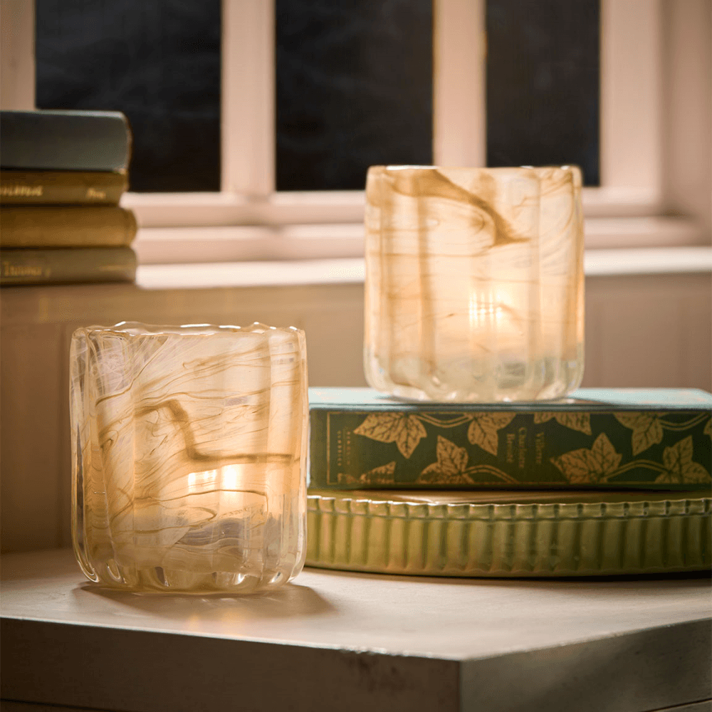 Two Swirly Glass Tealight Holders, Cream