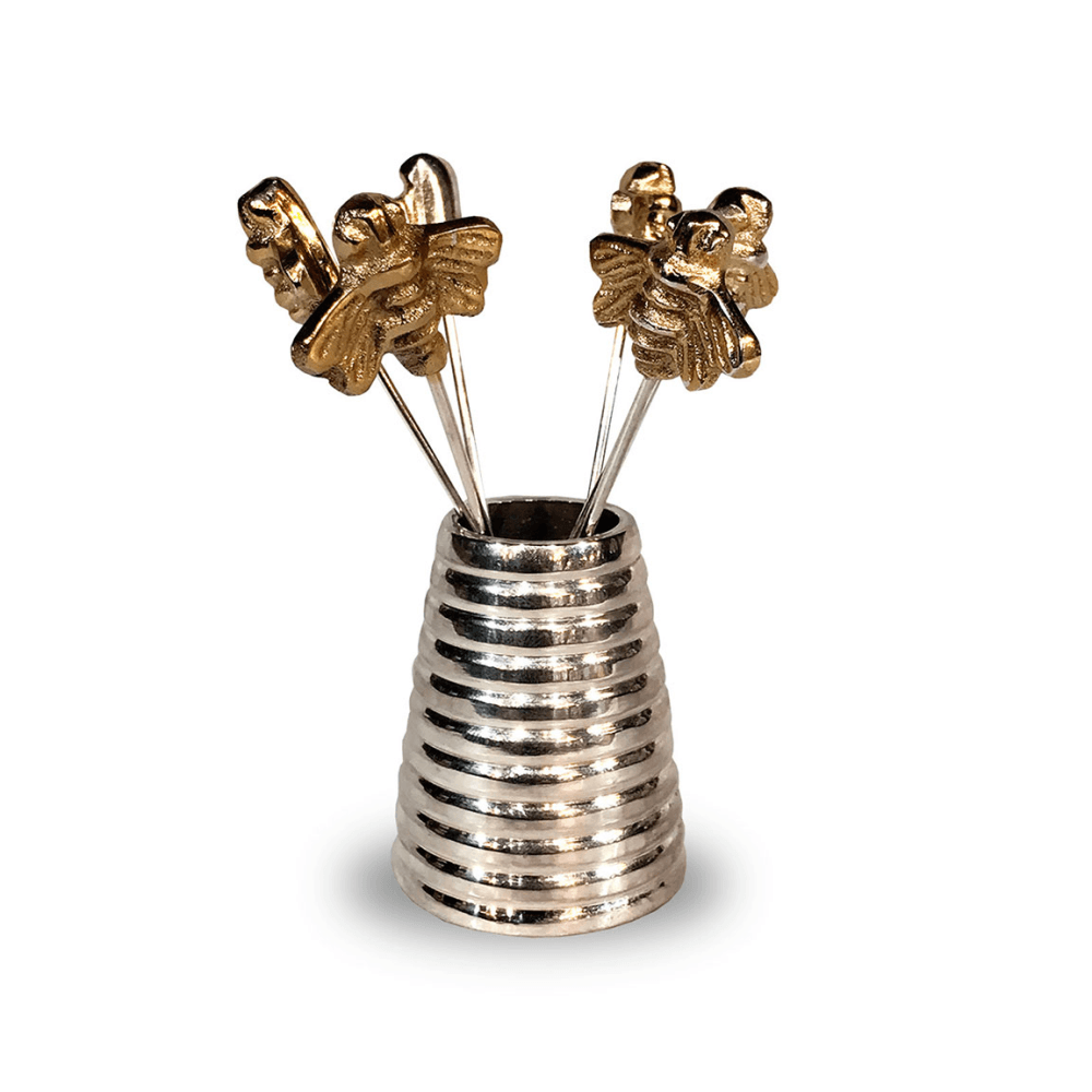 Bee Set of 6 Olive Picks, Silver & Gold