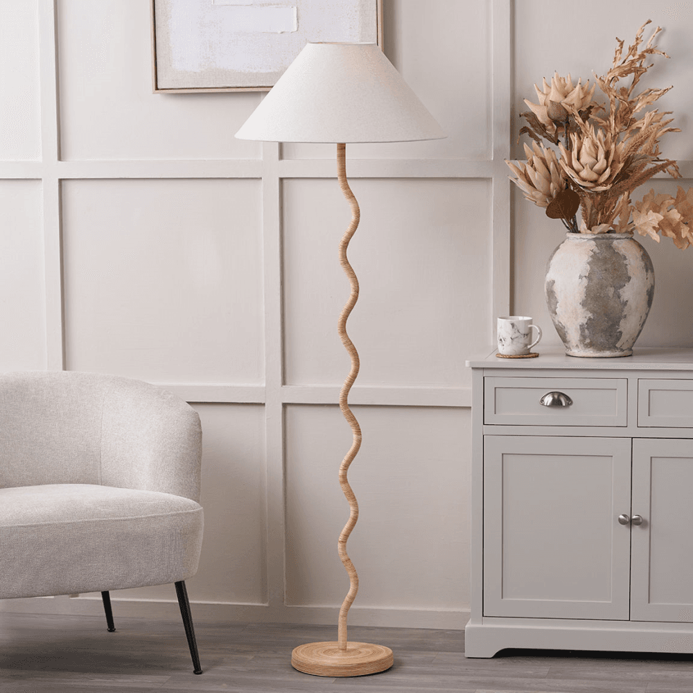 Palau Rattan Wave Floor Lamp with Harley Slubby Hopsack Lampshade