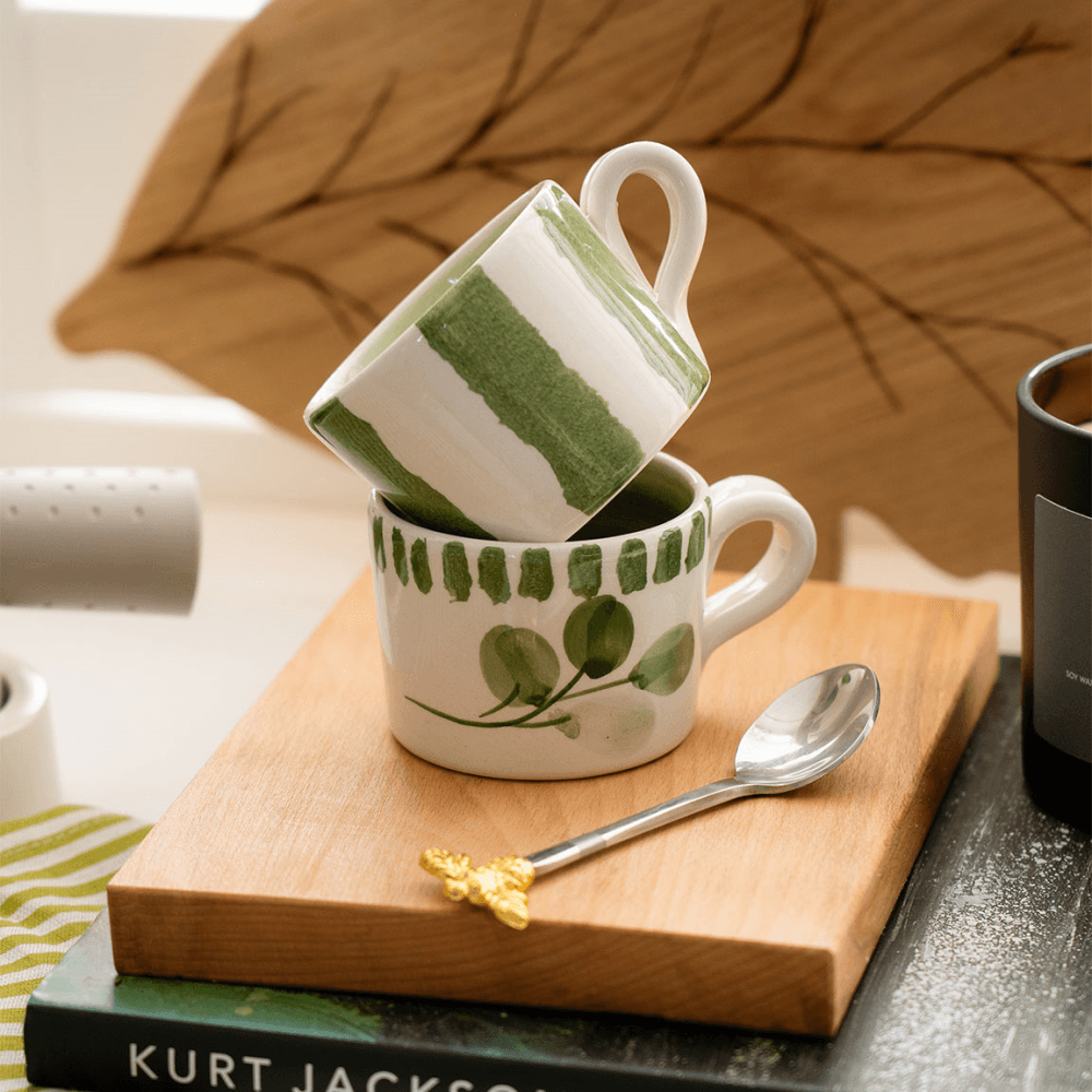 Flora Stripe Set of 2 Espresso Mugs, Green