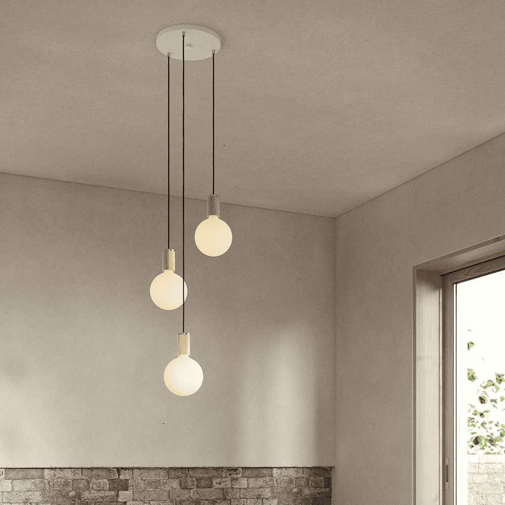 Canopy & Sphere Bulb Triple ceiling plate & pendant set, White & Oak