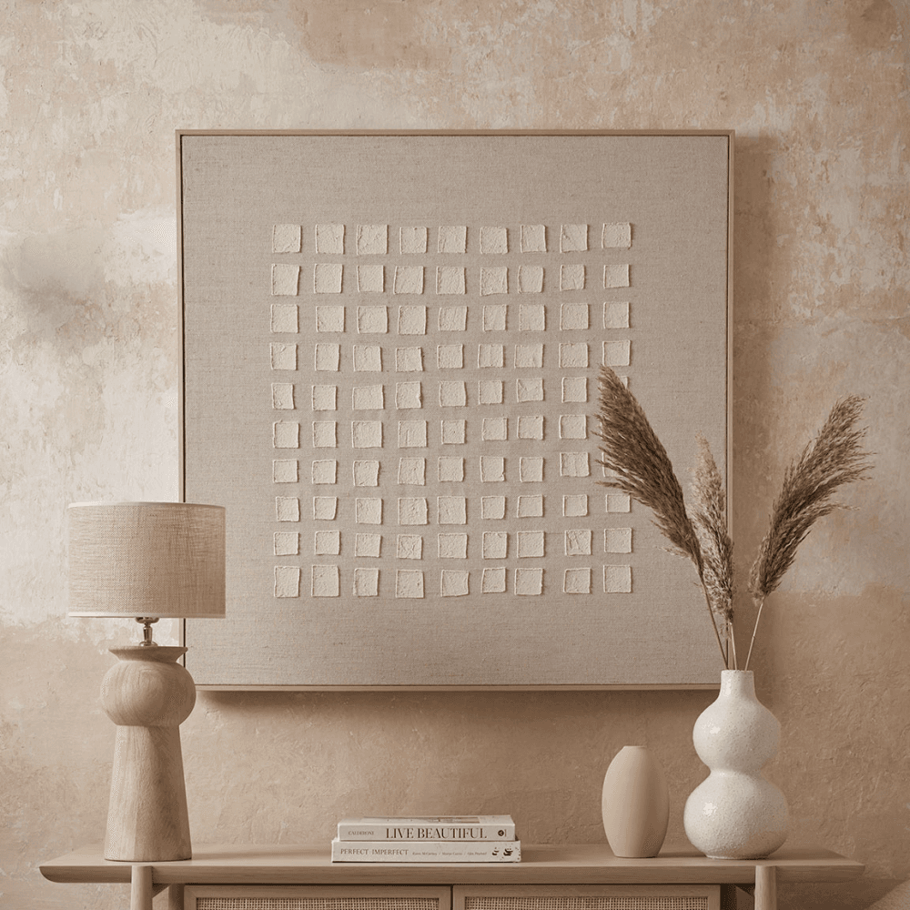 Textured Squares Framed Linen Wall Art, Cream