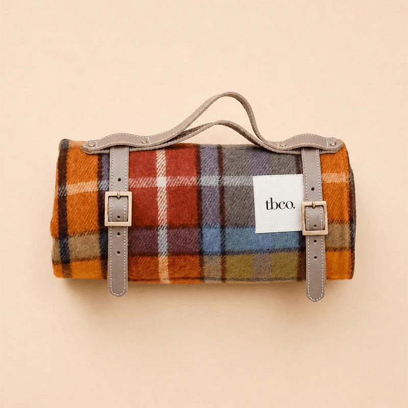 Water Resistant Recycled Wool Picnic Blanket With Taupe Leather Strap, Buchanan Antique Tartan