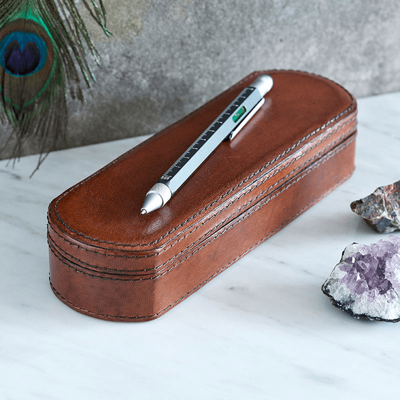 Leather Pen Box, Conker Brown