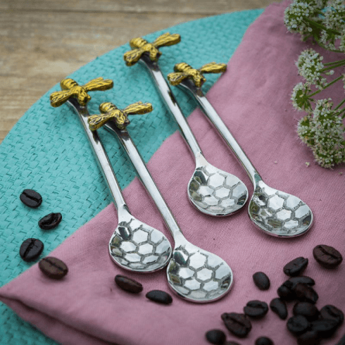 Image showing the Bee Honeycomb Set of 4 Coffee Spoons, Silver product.