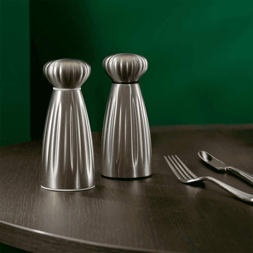 Palm Satin Salt & Pepper Mill & Tray Set, Stainless Steel