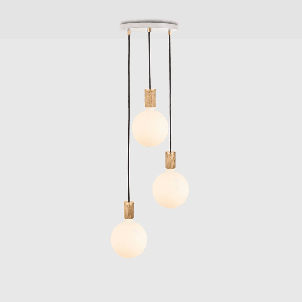 Canopy & Sphere Bulb Triple ceiling plate & pendant set, White & Oak