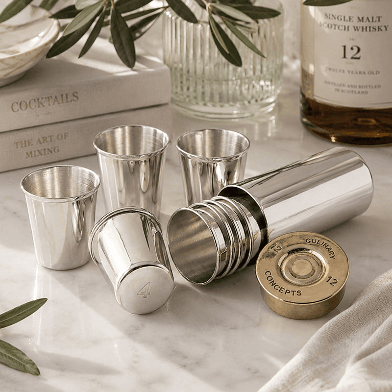 Cartridge Set of 8 Shot Glasses & Holder, Silver & Gold