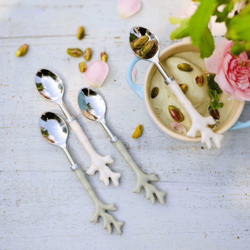 Image showing the Mixed Coral Set of 4 Coffee Spoons, Sage Green & Cream product.