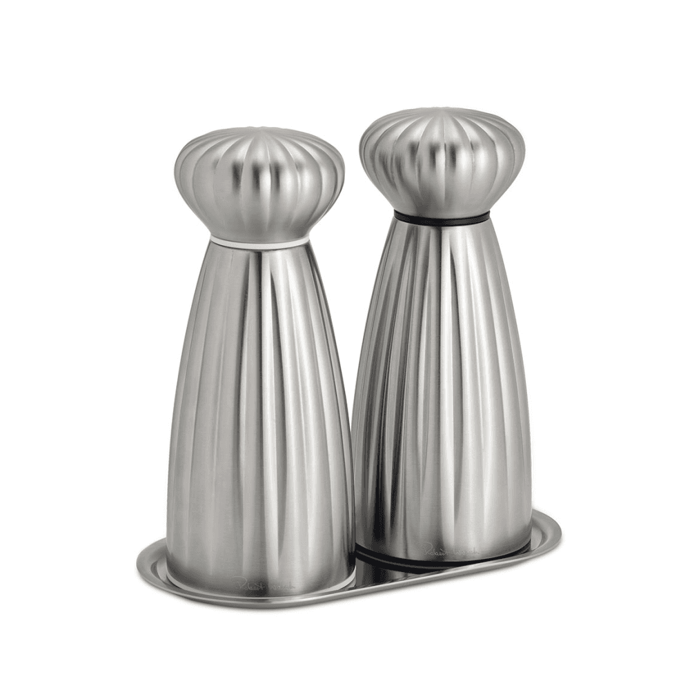 Palm Satin Salt & Pepper Mill & Tray Set, Stainless Steel
