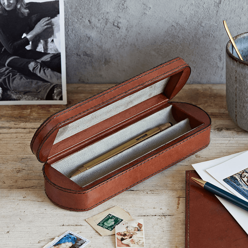 Leather Pen Box, Conker Brown