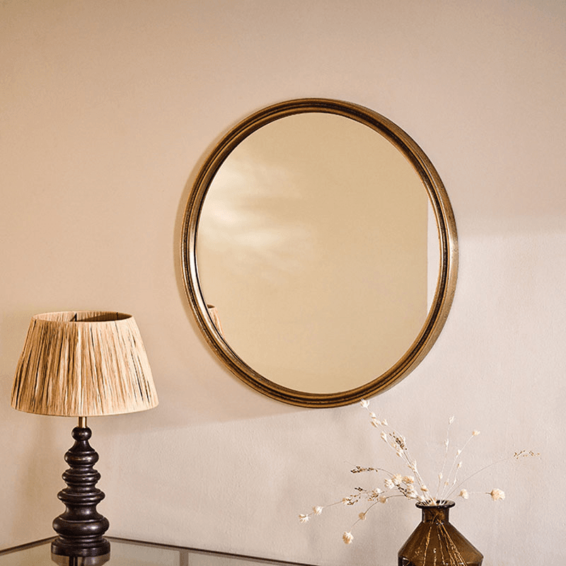 Almora Round Mirror, Antique Brass