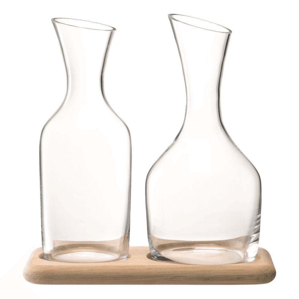 Wine Carafe Set, Clear Glass with Oak Base