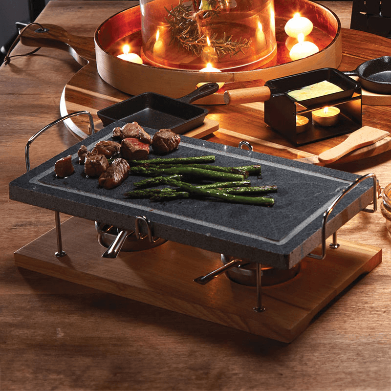Hot stone grill set, marble with wooden base