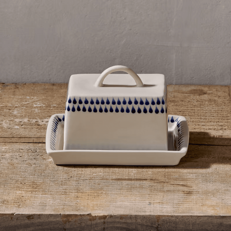 Indigo Drop Butter Dish, Cream & Blue