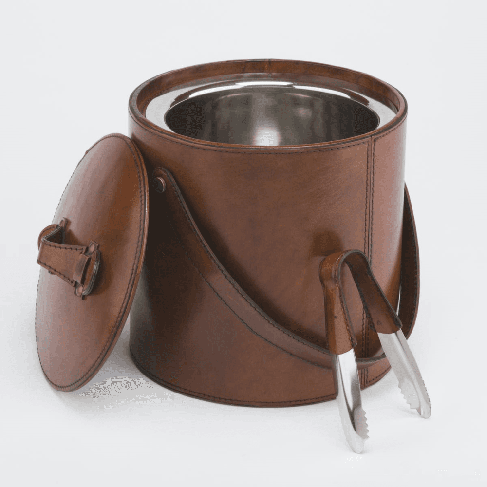 Ice Bucket And Tongs, Tan Leather