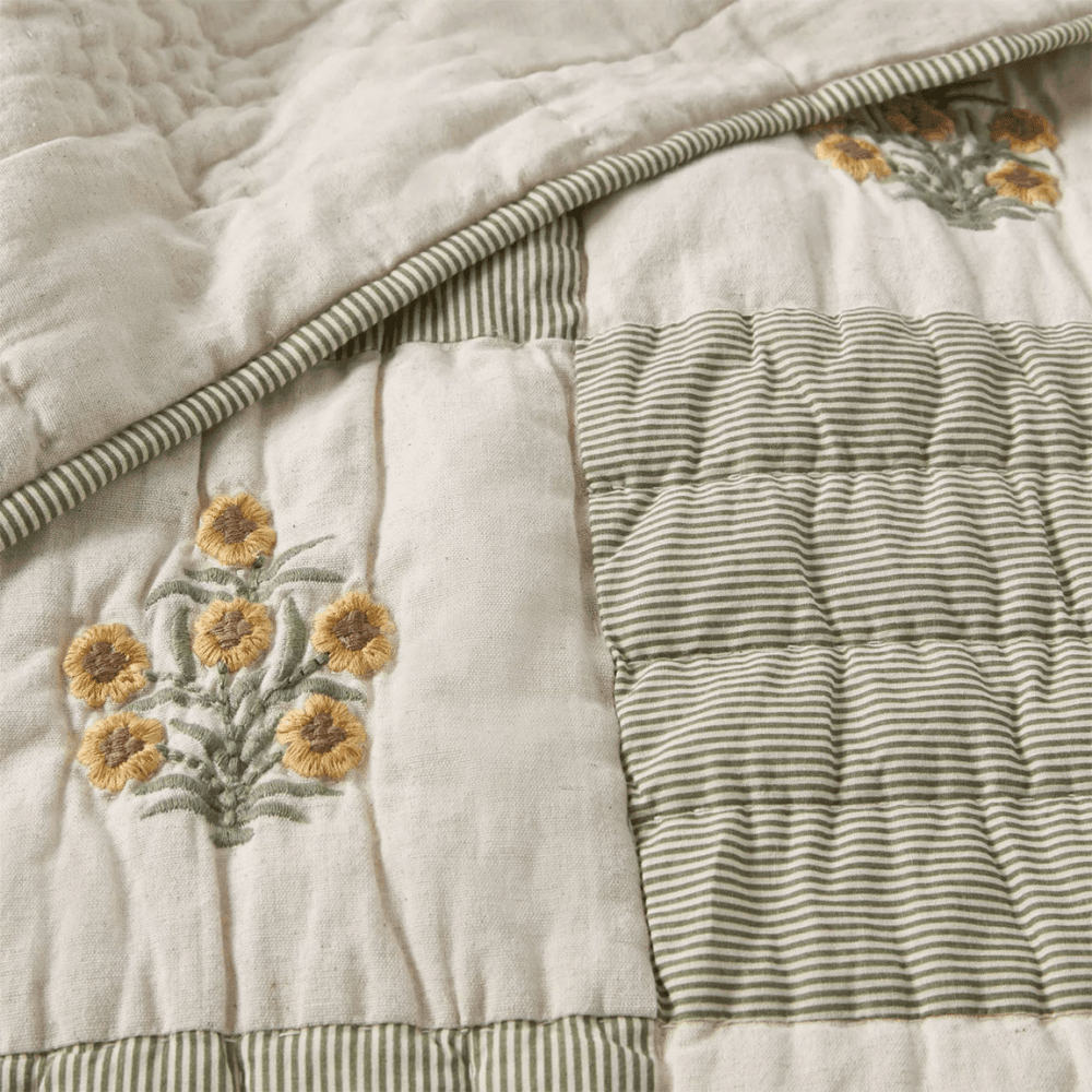 Floral Embroidered Quilted Bedspread, Green