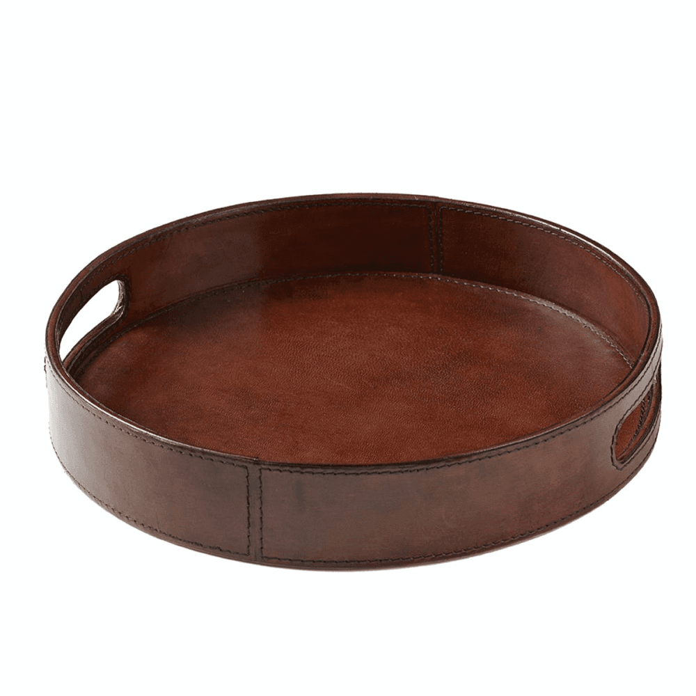 Round drinks tray, Tan Leather