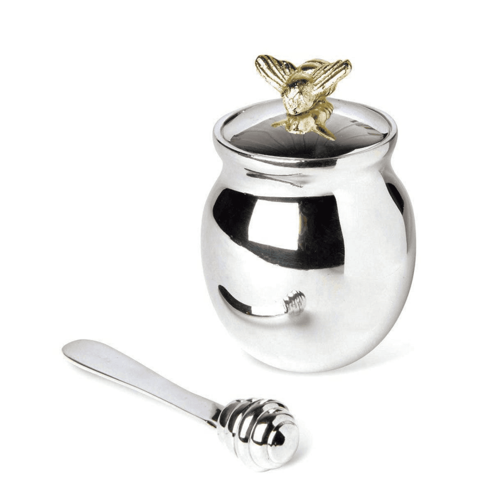 Bee Honey pot with spreader, Silver