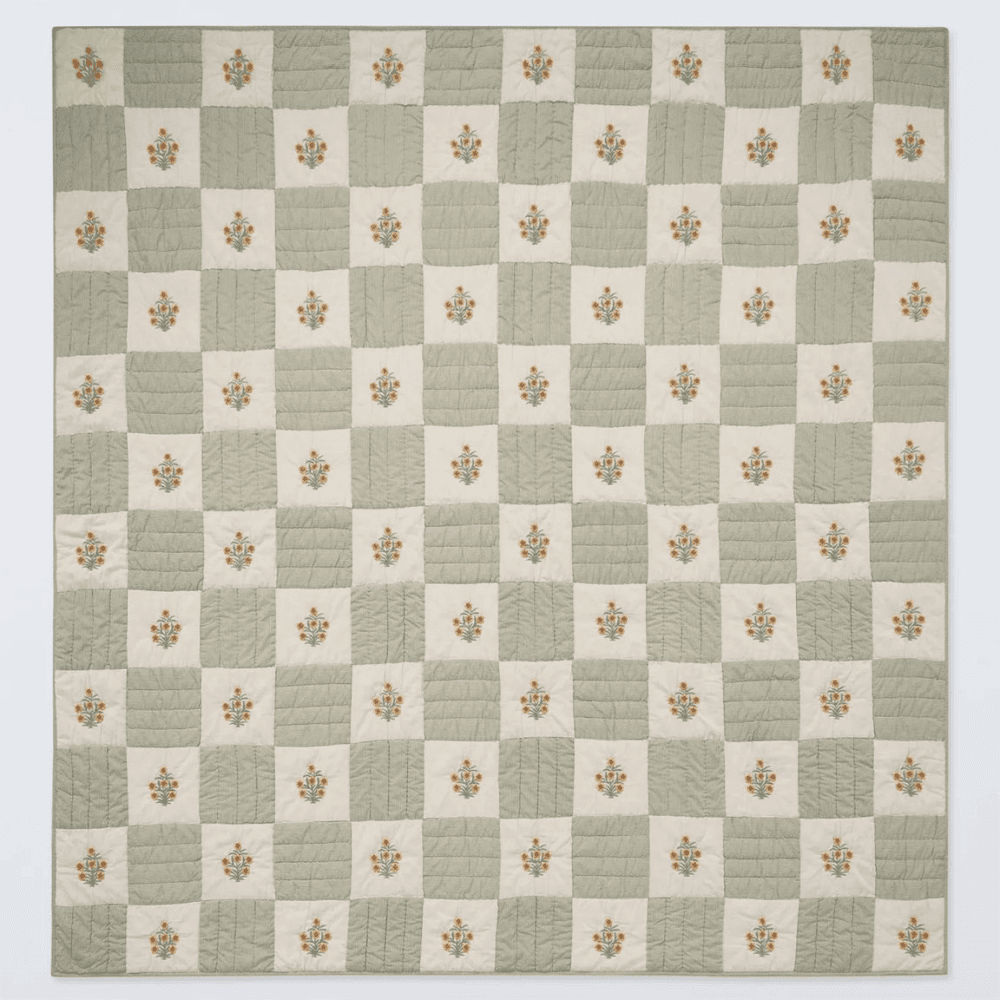 Floral Embroidered Quilted Bedspread, Green