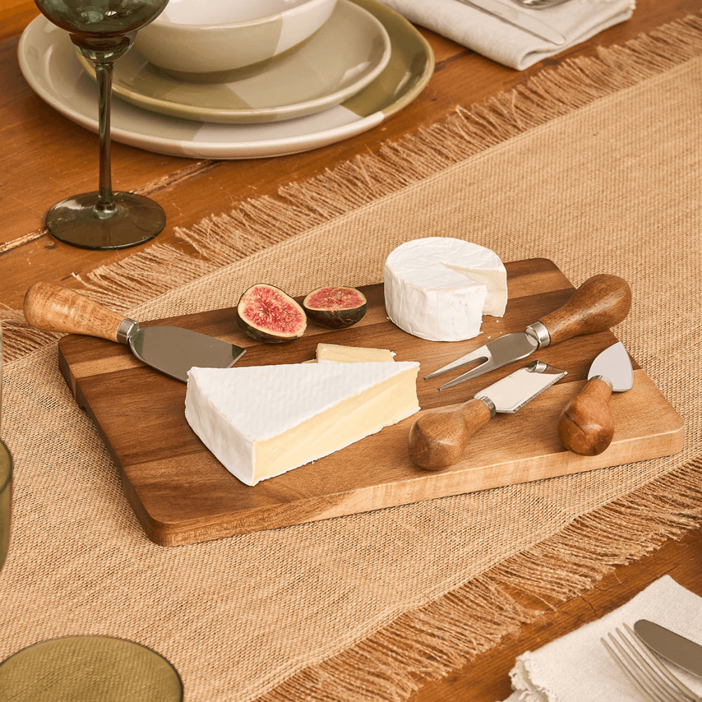 4 Piece Cheese Knife Set with Rectangular Board, Acacia Wood