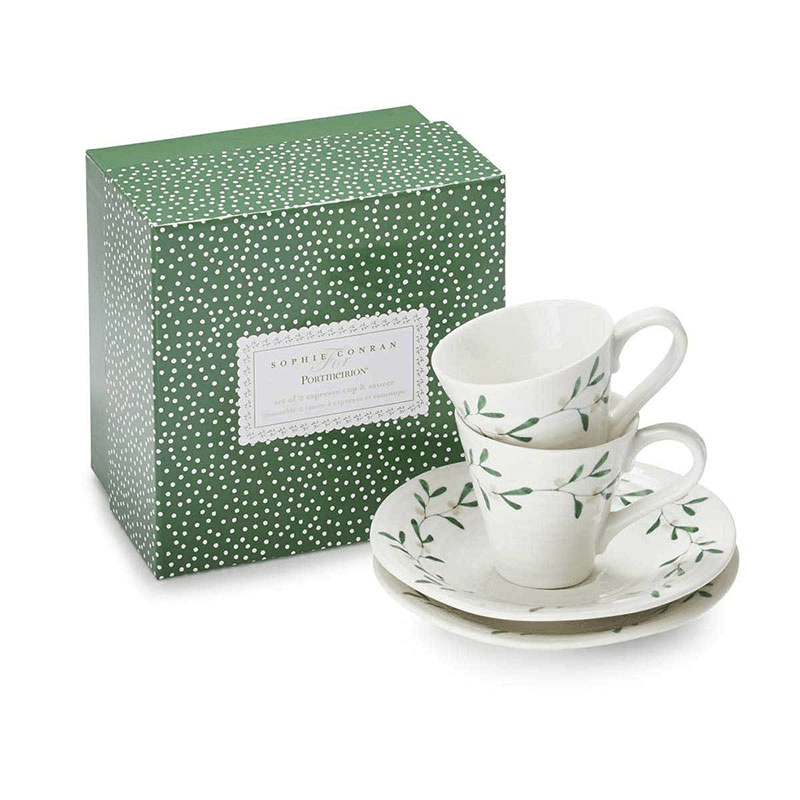 Mistletoe Pair of espresso cup & saucers, White/ Green