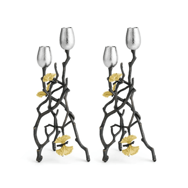 Butterfly Gingko Set of 2 Candle Holders, Black/Gold