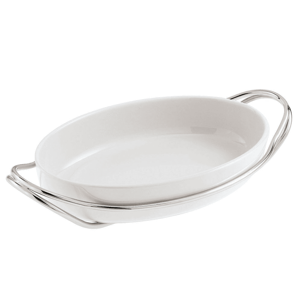 Living Oval serving dish, porcelain with stainless steel stand