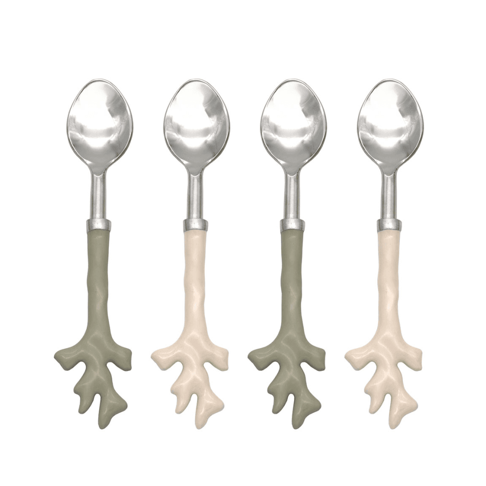 Mixed Coral Set of 4 Coffee Spoons, Sage Green & Cream