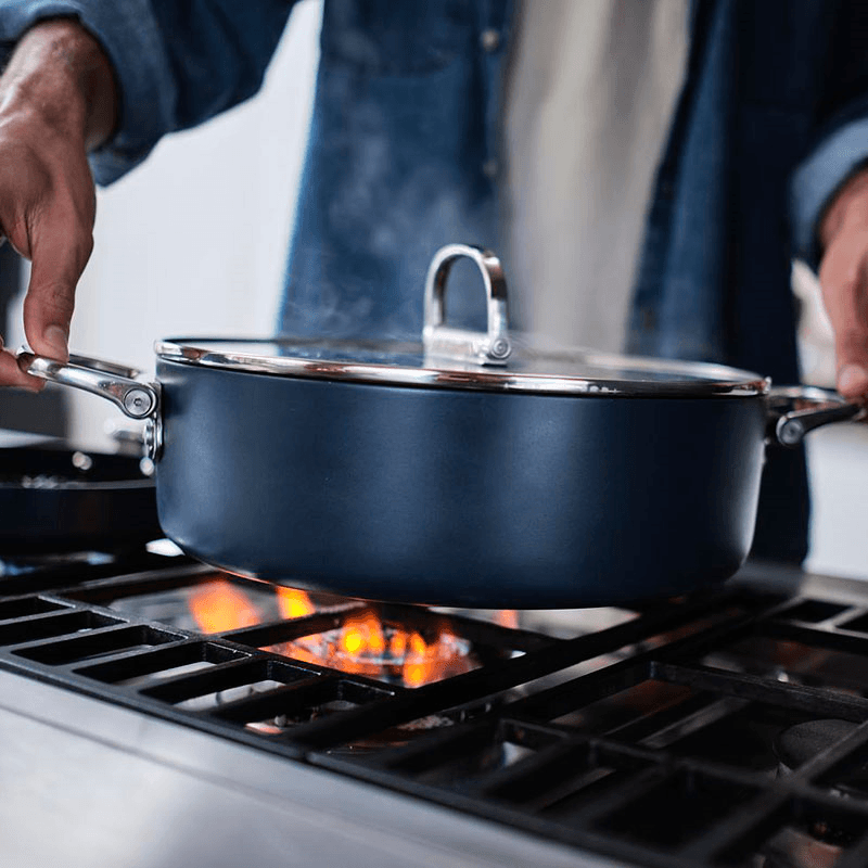 Space Folding Handle Ceramic Non-Stick Cookware Set, Midnight Blue