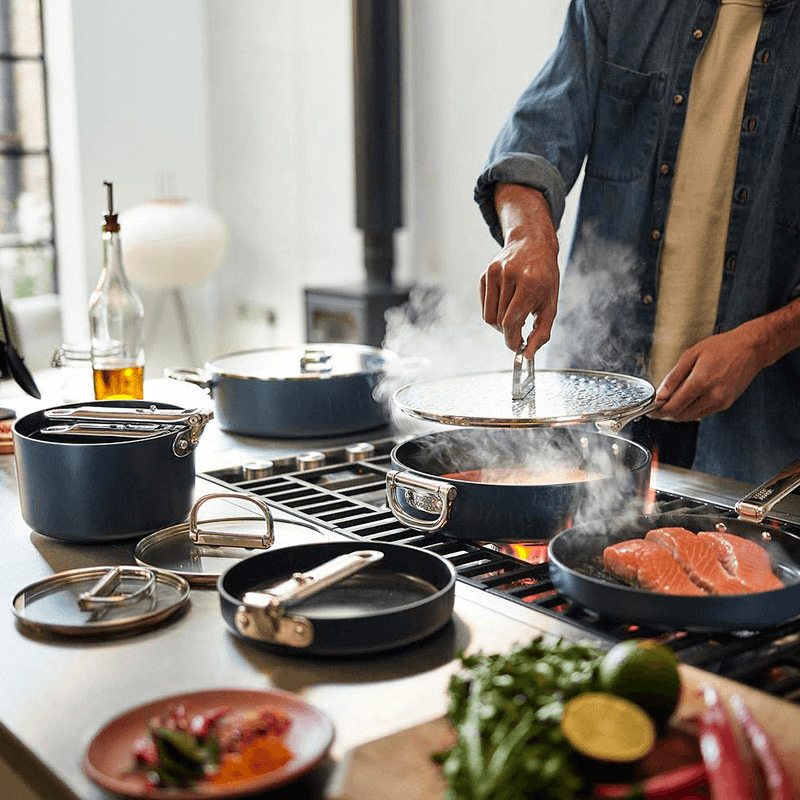 Space Folding Handle Ceramic Non-Stick Cookware Set, Midnight Blue