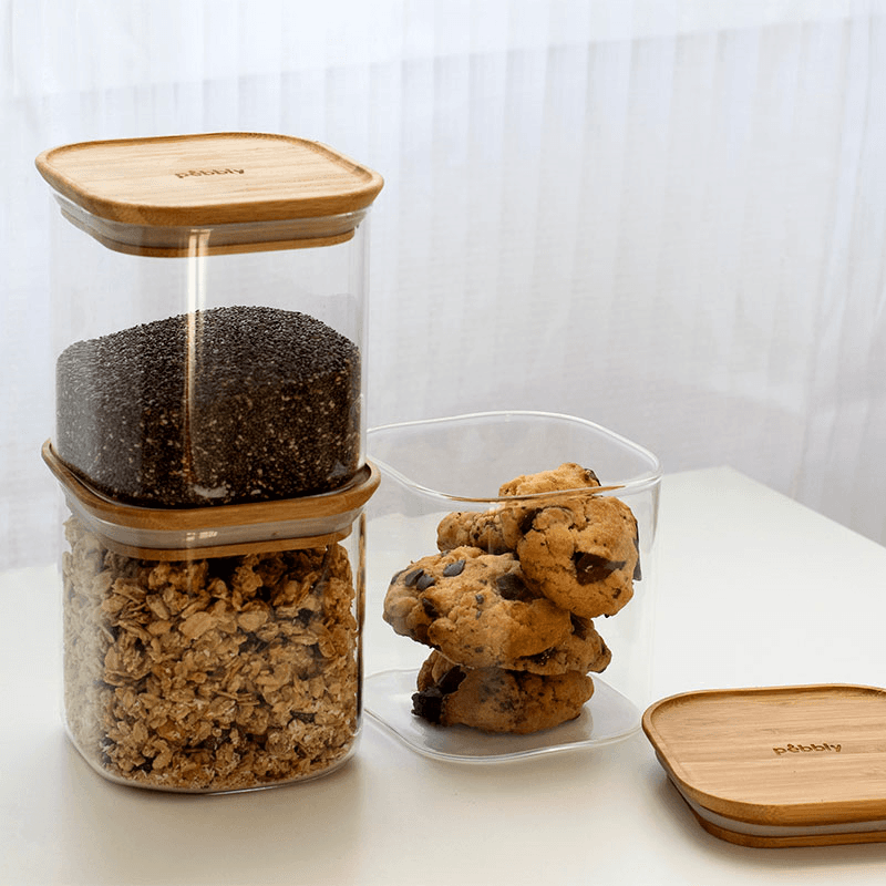 Glass Set of 3 Square Storage Containers, Bamboo