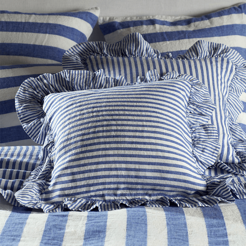 Cora Stripe Linen Frill Edge Cushion Cover, Cobalt