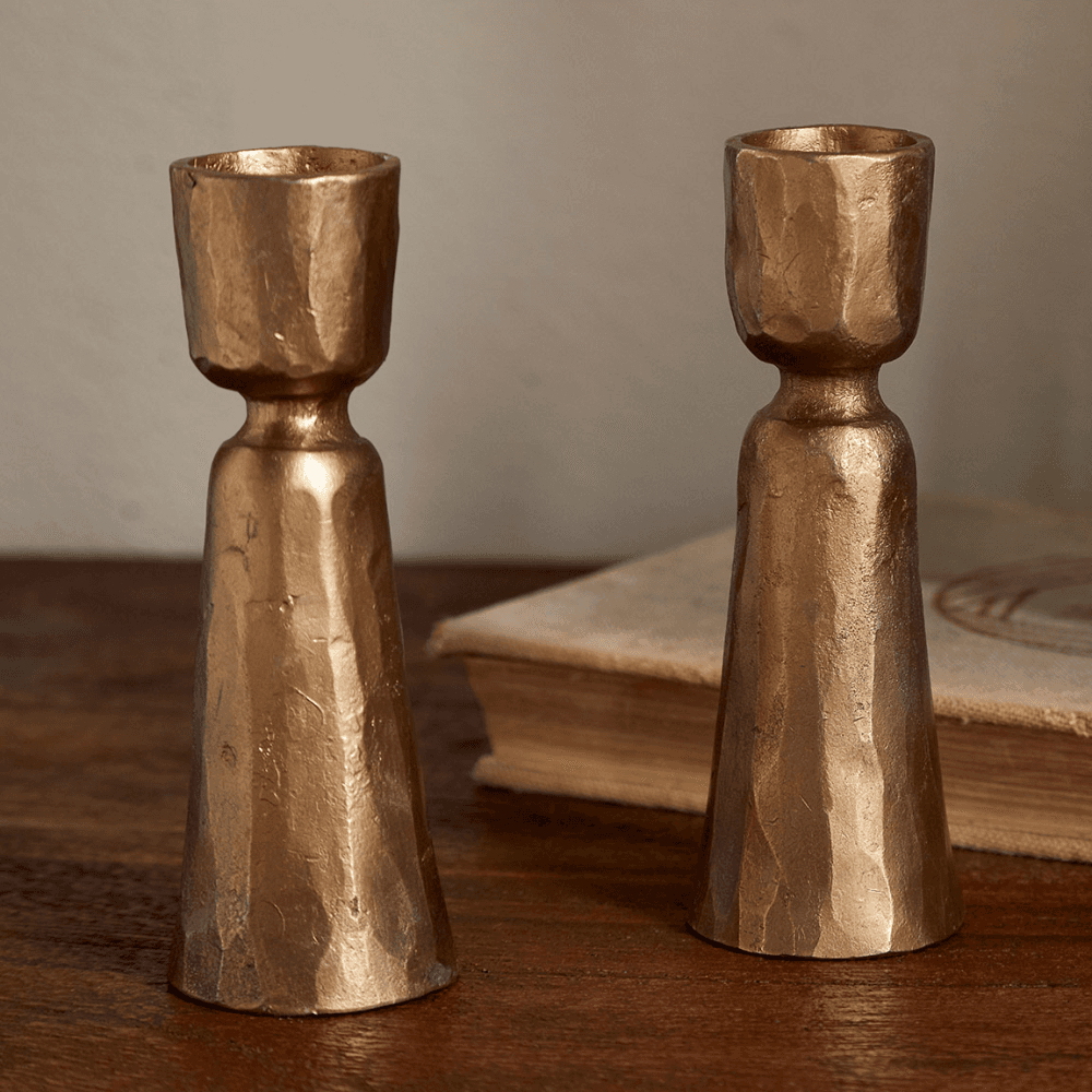Lokoja Set of 2 Candle Holders, Antique Brass