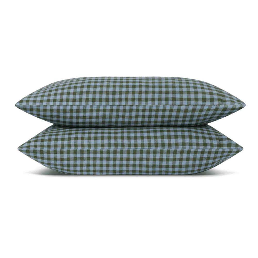 Gingham Pair of Linen Blend Pillowcases, Fern Green & Dusk Blue